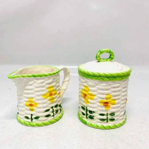 Vintage Hand Painted  Sugar Bowl Lid Creamer Ceramic Yellow Flowers Made Japan - Picture 1 of 13